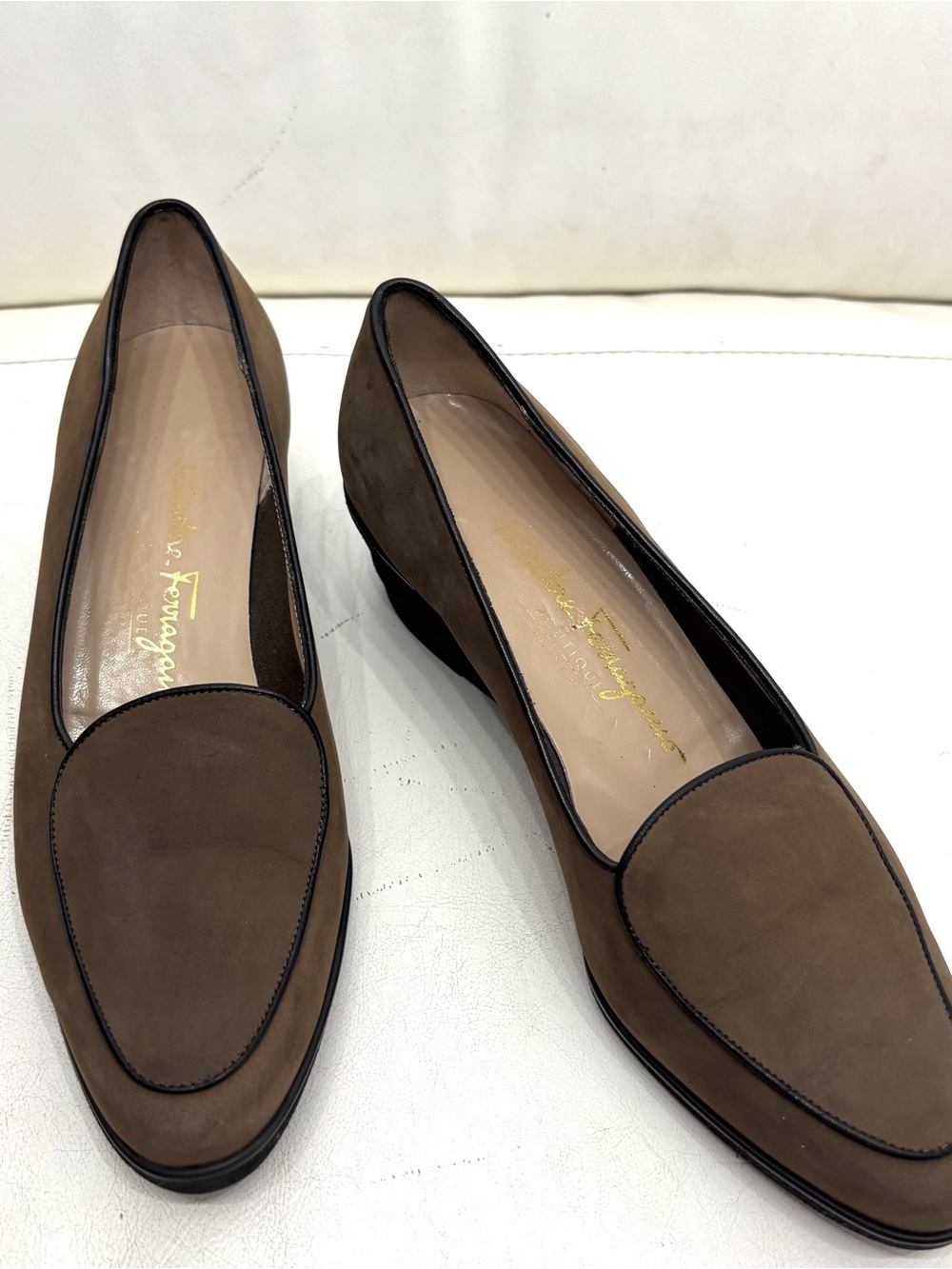 Salvatore Ferragamo Taupe Suede Slip-On Loafers